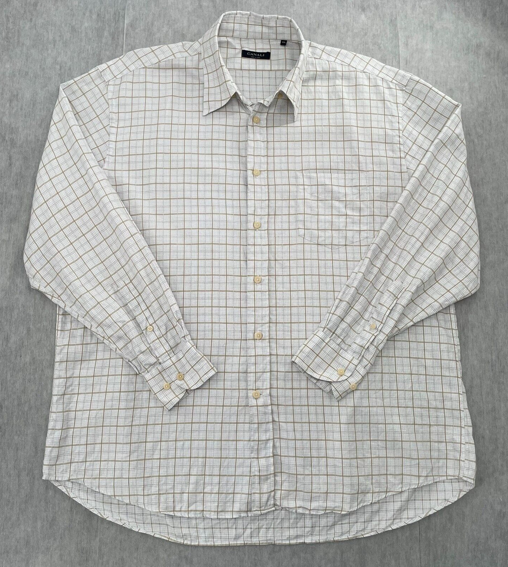 Canali Shirt Adult Extra Large White Blue Tan Button Up Long Sleeve Italy Men XL